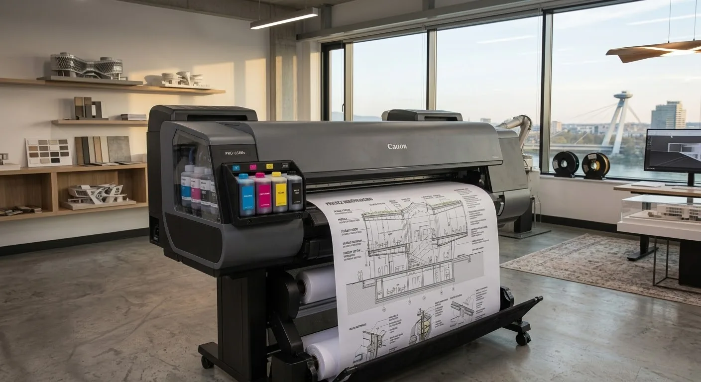Veľkoformátový plotter tlačí architektonický výkres